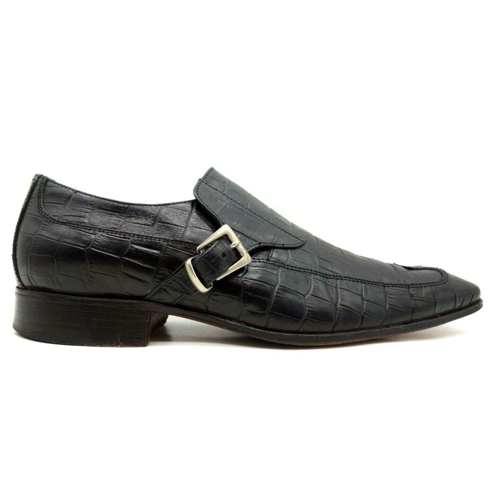 Christian Lacroix Black Crocodile Print Leather Buckle Loafers Shoes Men's 7
